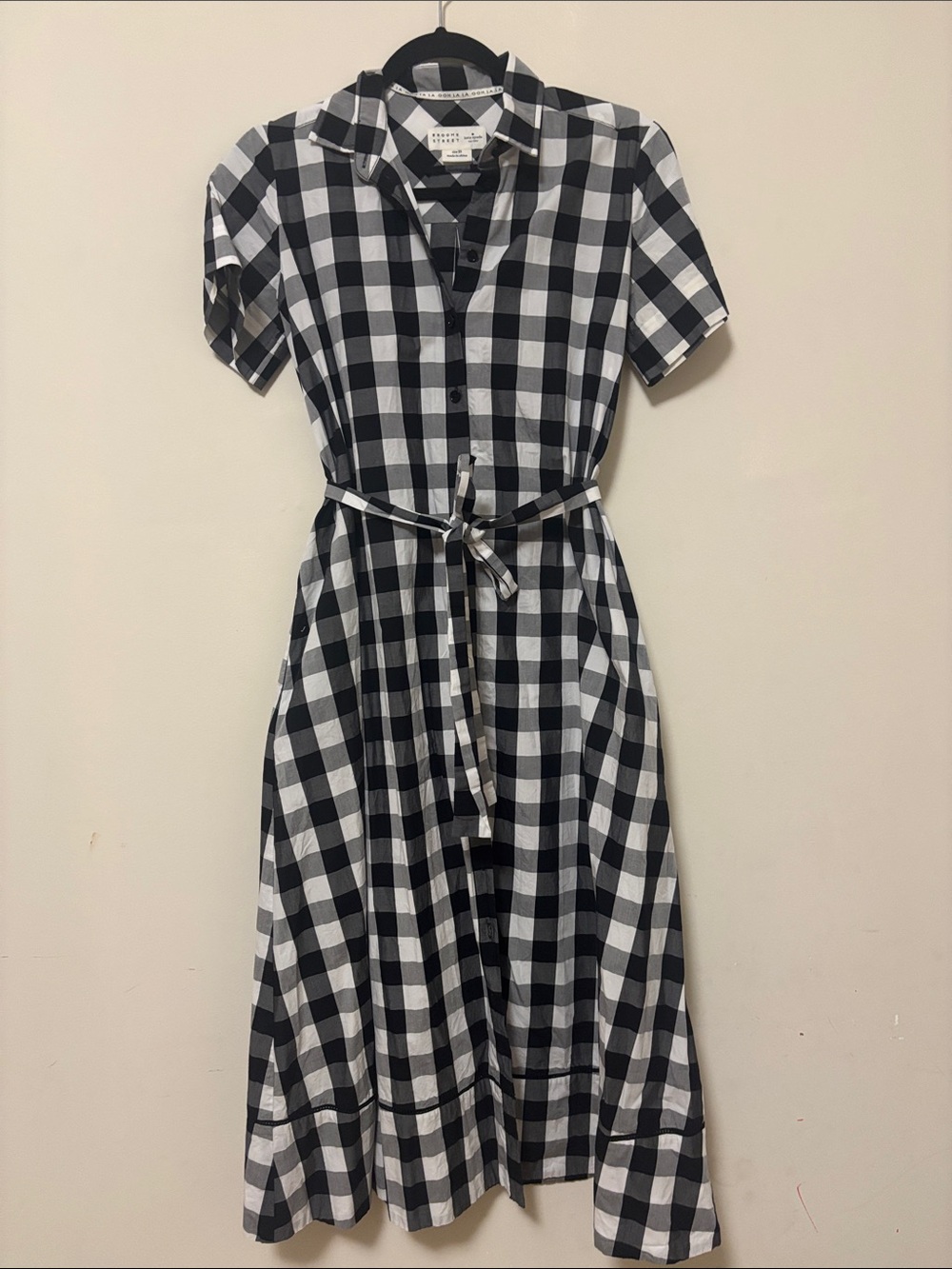 kate spade Black & White Gingham Midi Shirt Dress with Waist Tie